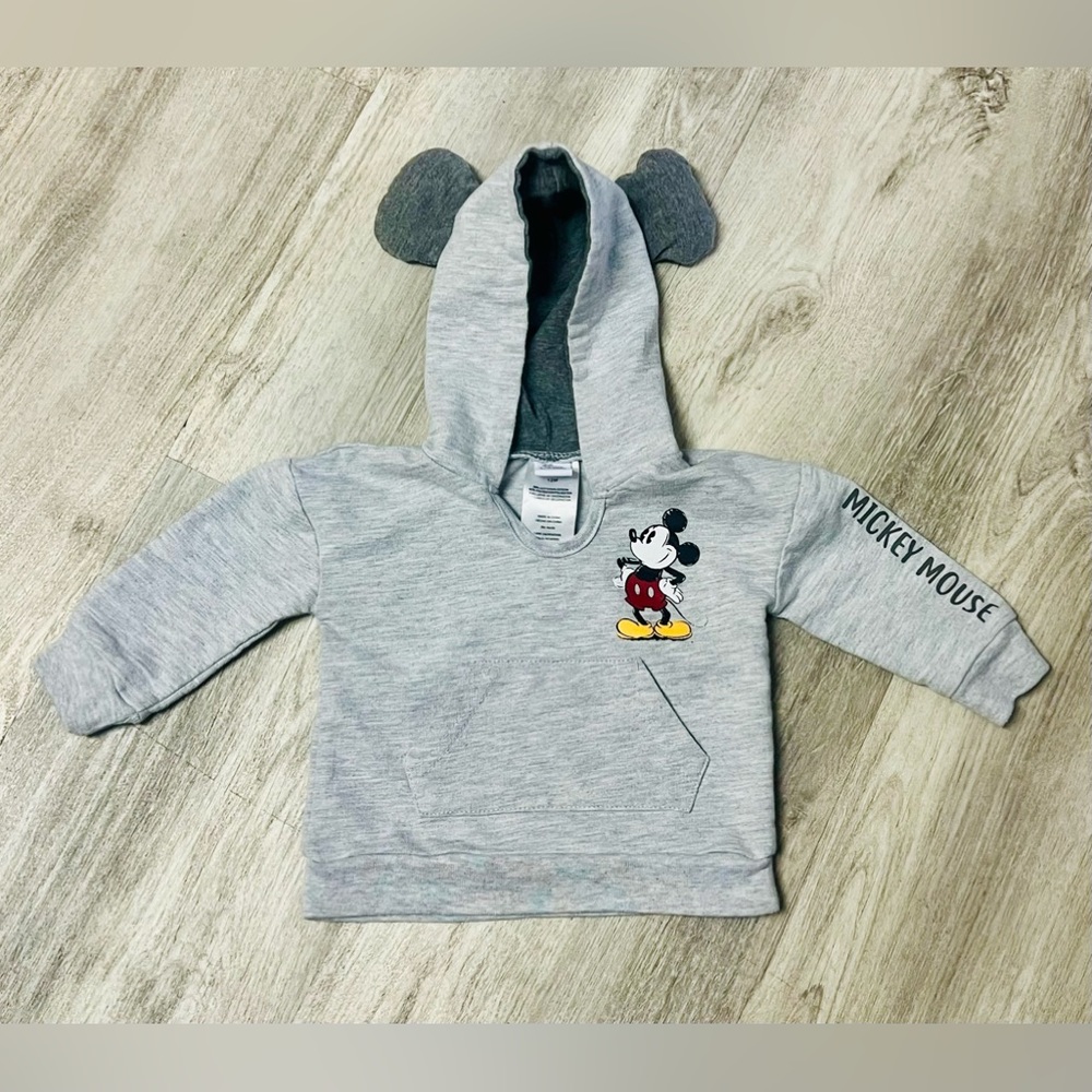 Disney Baby Mickey Mouse Gray Long Sleeve Hoodie Ears Pullover Size 12 Months